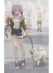  1girl absurdres brown_jacket camisole day denim denim_shorts dog elf frieren full_body green_eyes grey_hair highres holding holding_leash jacket leash multiple_others outdoors pointy_ears popo_89r shorts sousou_no_frieren twintails white_camisole 
