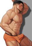  1boy abs adam&#039;s_apple bara boxers bulge cowboy_shot erection erection_under_clothes from_side hand_under_clothes highres kansuke_(kansuke_717) large_pectorals male_focus male_underwear muscular muscular_male navel navel_hair nipples orange_male_underwear original pectorals penis penis_peek profile short_hair sideburns solo standing stomach strongman_waist sweat thick_thighs thighs topless_male underwear 