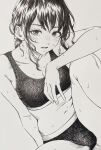  1girl arm_on_knee blush buruma crosshatching hatching_(texture) highres ink_(medium) looking_at_viewer lower_teeth_only makki_(tobaccos) messy_hair monochrome navel open_mouth original solo sports_bra stomach sweat teeth traditional_media white_background 