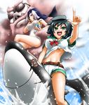  2girls :d black_hair blue_eyes blush breasts cloud cup drink eyepatch fang green_eyes hat hood kumoi_ichirin large_breasts lavender_hair multiple_girls murasa_minamitsu no_bra one-piece_swimsuit open_mouth orca patch pointing sailor sailor_collar sailor_hat scar school_swimsuit short_hair shorts smile sunglasses swimsuit touhou underboob unzan upshorts v-shaped_eyebrows water white_school_swimsuit white_swimsuit yazuki_gennojou 