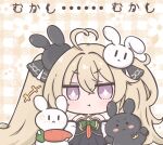  1girl :t ahoge attilio_regolo_(azur_lane) azur_lane bare_shoulders black_dress black_rabbit_(animal) black_ribbon blonde_hair carrot chibi chibi_only commentary dress english_commentary frilled_jacket frills futaba_(anti_clockwise) hair_between_eyes hair_ribbon heart heart_ahoge holding holding_carrot jacket long_hair looking_at_viewer nejikirio_(style) ribbon solo star-shaped_pupils star_(symbol) symbol-shaped_pupils twintails very_long_hair white_rabbit_(animal) 