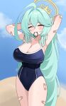  1girl 82jhin ^_^ absurdres abydos_high_school_swimsuit adjusting_hair ahoge armpits arms_behind_head bandaid bandaid_on_arm bandaid_on_thigh blue_archive blue_sky blurry blush breasts cleavage closed_eyes cloud cloudy_sky collarbone commentary_request competition_school_swimsuit depth_of_field desert green_hair hair_between_eyes halo highres horizon large_breasts long_hair looking_at_viewer mouth_hold official_alternate_costume outdoors presenting_armpit school_swimsuit sidelocks sky smile solo spaghetti_strap sweat swimsuit thick_thighs thighs yume_(blue_archive) 