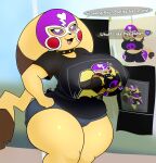 anthro big_breasts black_clothing black_shirt black_topwear bottomwear breasts choker clothed clothing clothing_store cosplay_pikachu_(costume) curvy_figure cutoffs denim denim_bottomwear denim_clothing dialogue ears_down english_text female generation_1_pokemon hi_res hoodie_stalker huge_breasts jewelry looking_at_viewer marie_(hoodiestalker) market_stall mask necklace nintendo nipple_outline open_mouth outside piercing pikachu pikachu_libre pivoted_ears pokemon pokemon_(species) purple_clothing purple_eyes purple_sclera shirt short_stack shorts sky solo speech_bubble street tail text thick_thighs tongue tongue_piercing topwear voluptuous wide_hips yellow_body