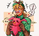  &gt;_&lt; 1boy absurdres afterimage bandaid bandaid_on_cheek bandaid_on_face blonde_hair brown_gloves cheek_pinching closed_eyes commentary cracked_skin diego_brando dinosaur_tail elbow_gloves english_commentary fangs flying_sweatdrops gloves green_lips green_sweater hat highres huyandere jojo_no_kimyou_na_bouken male_focus pinching solo stand_(jojo) starry_background steel_ball_run sweat sweater tail tears turtleneck turtleneck_sweater tusk_(stand) tusk_act1 