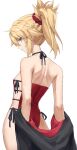  1girl back blonde_hair braid breasts fate/apocrypha fate_(series) french_braid green_eyes grin highres long_hair looking_at_viewer looking_back mordred_(fate) mordred_(fate/apocrypha) ponytail sidelocks small_breasts smile solo tonee 