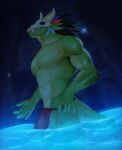 2024 absurd_res anthro bathing bottomwear clothing digital_media_(artwork) digital_painting_(artwork) hi_res inviting lizard loincloth male mask muscular muscular_anthro muscular_male night outside pool reptile scalie skull_mask solo solo_focus terraria witch_doctor_(terraria) wowsibart