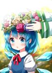  2girls :o blue_eyes blue_hair blue_vest blush character_request cirno collared_shirt commentary_request head_wreath highres multiple_girls neck_ribbon puffy_short_sleeves puffy_sleeves red_ribbon ribbon ruu_(tksymkw) shirt short_sleeves touhou vest white_shirt 