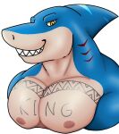 anthro big_breasts blue_body breasts chest_tattoo fish fur hi_res male marine muscular muscular_male nux_thairon pecs rjquaty shark shark_fin shark_teeth simple_background smile solo tattoo white_background yellow_body yellow_fur