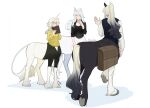  1boy 2girls animal_ears artist_name black_hair black_jacket black_shirt black_sweater_vest book borrowed_character breasts centaur collarbone commentary full_body glasses gradient_hair green_eyes grey_hair hand_up highres holding holding_book hooves horns horse_ears horse_tail jacket long_hair long_sleeves looking_at_another medium_breasts monster_boy monster_girl multicolored_hair multiple_girls multiple_legs one_eye_closed open_clothes open_jacket original parted_bangs ponytail saddlebags shadow shirt sidelocks single_horn small_breasts smile standing standing_on_three_legs sweater sweater_vest tabitha_qu tail taur two-tone_hair unicorn_girl white_background white_hair white_shirt yellow_eyes yellow_sweater 