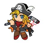  1boy black_jacket blonde_hair blue_eyes braid chibi closed_mouth epic_battle_fantasy finger_gun full_body glint hat hat_feather hockey_stick jacket matt_(epic_battle_fantasy) neckerchief over_shoulder patch pirate_hat red_neckerchief smile smoke_(killscreen_s) solo sword sword_over_shoulder transparent_background weapon weapon_over_shoulder 