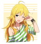  1girl ahoge amochin blonde_hair bracelet breasts green_eyes hoshii_miki idolmaster idolmaster_(classic) jewelry long_hair necklace off_shoulder one_eye_closed open_mouth rubbing_eyes shirt short_sleeves solo striped_clothes striped_shirt tearing_up upper_body yawning 