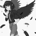  1girl bird_wings closed_mouth collared_shirt commentary_request expressionless falling_feathers feathered_wings feathers greyscale hat highres long_sleeves monochrome pointy_ears shameimaru_aya shameimaru_aya_(newsboy) shirt short_hair shorts simple_background solo thinking tokin_hat touhou walking white_background wings yakousei_no_kame 