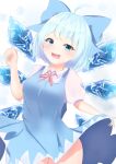  1girl absurdres ahoge blue_background blue_bow blue_dress blue_eyes bow cirno collared_shirt commentary_request cowboy_shot detached_wings dress hair_bow highres ice ice_wings looking_at_viewer mesugaki open_mouth shanonon shirt short_sleeves solo touhou white_shirt wings 