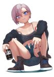  1girl bare_shoulders beer_can blue_eyes blush breasts can carbon12th drink_can grey_hair grin highres long_sleeves looking_at_viewer navel original short_hair small_breasts smile solo squatting 