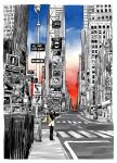  1boy border building cityscape crosswalk from_side highres itowo_(itowc) kekkai_sensen lamppost leonardo_watch outdoors road road_sign scenery sign skyscraper street sunset white_border wide_shot 