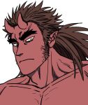  1boy bad_id bad_twitter_id balnom bara brown_hair colored_skin facial_hair highres horns huge_eyebrows large_pectorals long_sideburns looking_at_viewer male_focus mature_male muscular muscular_male nude oni original pectorals portrait red_oni red_skin sanpaku sideburns sideburns_stubble skin-covered_horns solo stubble tsurime 