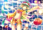  absurdres bell_pepper belt bikini_top carrot eggplant eyewear_on_head green_eyes green_hair gumi high_heels highres jacket jumping midriff navel open_clothes open_jacket open_mouth pepper sazanami_shione short_hair short_shorts shorts smile solo strap_gap sunglasses tomato vocaloid 