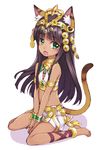  :o animal_ears ankle_lace-up anklet armlet bad_id bad_pixiv_id barefoot bastet_(p&amp;d) black_hair blush bracer cat_ears cat_tail cross-laced_footwear dark_skin egyptian facial_mark fang full_body green_eyes jewelry long_hair looking_at_viewer matsuryuu necklace petite puzzle_&amp;_dragons simple_background sitting solo tail tiara v_arms wariza white_background 
