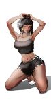  1girl abs absurdres black_hair breasts dark-skinned_female dark_skin eye_of_horus facial_mark facial_tattoo hair_tubes highres medium_breasts muscular muscular_female navel overwatch pharah_(overwatch) shorts solo sportswear tattoo user_wgtw7488 