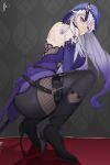  0rdinaryguy ass ass_focus bare_shoulders black_swan_(honkai:_star_rail) dress highres honkai:_star_rail honkai_(series) looking_at_viewer mihoyo mole mole_on_back purple_dress purple_hair purple_veil veil 