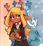 anthro blonde_hair blood bodily_fluids brown_eyes buckteeth clothing deer deltarune dress eyebrow_through_hair eyebrows female fur hair hi_res horn iamfixated juxtaposition looking_at_viewer mammal new_world_deer noelle_holiday reindeer smile solo tan_body tan_fur teeth thorns translucent translucent_hair undertale_(series)