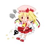 1girl ascot back_bow blonde_hair bobby_socks bow chibi closed_mouth flandre_scarlet frilled_skirt frills full_body hat holding holding_polearm holding_weapon laevatein_(touhou) large_bow lowres mary_janes mikya multicolored_wings polearm red_footwear red_ribbon red_skirt red_vest ribbon ribbon-trimmed_headwear ribbon_trim shirt shoes simple_background skirt socks solid_circle_eyes solo touhou vest weapon white_background white_bow white_shirt white_socks wings yellow_ascot 