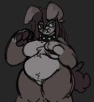 anthro anya breasts brown_body brown_fur brown_hair canid canine collar eyeshadow eyewear female floppy_ears freckles fur glasses green_eyes hair hi_res impernet long_hair makeup mammal neutral_expression overweight overweight_female pawpads paws sketch solo spiked_collar spikes thighs tufted_fur