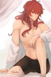  1boy black_male_underwear closed_mouth diluc_(genshin_impact) doveluc genshin_impact hair_between_eyes highres long_hair long_sleeves male_focus male_underwear navel nipples red_eyes red_hair shirt solo stomach topless_male underwear white_shirt 