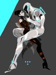  black_hair character_request eyelashes hair_bun high_heels holding_hands looking_down looking_up open_mouth shoes size_difference t_(arisu-no-neko) touching tron tron:_legacy visor 