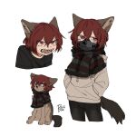  1boy animal animal_ears animalization artist_name black_scarf black_shirt brown_hoodie child cropped_legs deviidog0 english_commentary fangs hair_between_eyes hands_in_pockets highres hood hood_down hoodie looking_at_viewer male_focus mask mouth_mask multiple_views open_mouth original red_eyes red_hair scarf shirt short_hair simple_background t-shirt tail white_background wolf wolf_boy wolf_ears wolf_tail 