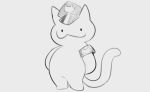 :3 accessories_only anthro armband clothing domestic_cat felid feline felis hands_behind_back hat headgear headwear logo_on_clothing looking_at_viewer male mammal monochrome mostly_nude police police_hat simple_background solo standing tacogatooooo tail white_background