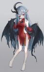  1girl bare_shoulders barefoot breasts china_dress chinese_clothes detached_sleeves dress grey_background grey_hair hair_between_horns highres horns kajaneko long_hair looking_at_viewer low_wings medium_breasts original pale_skin pointy_ears red_eyes solo torn_clothes wings 