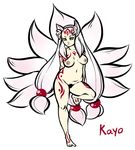  animal_ears bald_spot breasts character_name cubesona dark_nipples facial_tattoo forehead fox_ears fox_tail highres kayo_(pyorno) kitsune large_breasts long_hair low-tied_long_hair multiple_tails nipples nude original plump pubic_hair sidelocks slit_pupils solo standing standing_on_one_leg tail tattoo twintails very_long_hair white_hair yellow_eyes 