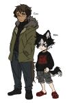  2boys animal_ears black_eyes black_footwear black_hair black_sweater brown_eyes character_name crocs deviidog0 dog_boy dog_ears dog_tail english_commentary full_body fur-trimmed_jacket fur_trim green_jacket grey_hair grey_shorts hand_on_own_hip hands_in_pockets highres jacket long_sleeves male_focus multicolored_hair multiple_boys one_eye_closed original pants red_footwear scar scar_across_eye scar_on_face scar_on_nose shoes short_hair shorts sideburns simple_background standing sweater tail turtleneck turtleneck_sweater two-tone_hair white_background 