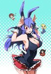  3girls animal_ears armpits bare_shoulders blue_hair breasts bunny_ears bunny_pose cat cleavage halftone halftone_background jitome kasukabe_you kon_(kdash) kudou_asuka kurousagi_(mondaiji) large_breasts long_hair mondaiji-tachi_ga_isekai_kara_kuru_sou_desu_yo? multiple_girls open_mouth red_eyes sakamaki_izayoi short_hair sideboob smile 