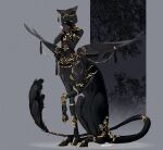  1girl animal_ears black_hair black_skin closed_eyes colored_eyelashes colored_skin earrings full_body gold_trim highres hooves indasu10 jewelry monster_girl nail_polish original own_hands_clasped own_hands_together praying short_hair signature sitting solo tail taur wings 