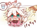  @_@ ahoge animal_ears blonde_hair blush chibi chips commentary covering_mouth food glass hand_over_own_mouth ia_(vocaloid) potato_chips ritateo running spicy sweat tears vocaloid 