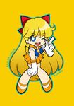  ;d aino_minako artist_name back_bow bishoujo_senshi_sailor_moon blonde_hair blue_eyes bow character_name chibi elbow_gloves full_body gloves hair_bow half_updo leaning_forward long_hair magical_girl one_eye_closed open_mouth orange_sailor_collar orange_skirt panty_&amp;_stocking_with_garterbelt parody pointing red_bow ribbon sailor_collar sailor_senshi_uniform sailor_venus shoes skirt smile solo strappy_heels style_parody tagro tiara white_gloves yellow_background 