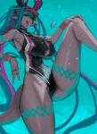  1girl bare_shoulders black_one-piece_swimsuit blue_hair blush body_markings breasts cleavage colored_skin earrings eu03 fate/grand_order fate_(series) grey_skin highleg highleg_swimsuit horns ibuki_douji_(fate) ibuki_douji_(swimsuit_berserker)_(fate) ibuki_douji_(swimsuit_berserker)_(first_ascension)_(fate) jewelry large_breasts long_hair looking_at_viewer multicolored_hair one-piece_swimsuit oni open_mouth pink_hair pink_hat pink_one-piece_swimsuit pointy_ears ponytail red_eyes sidelocks sketch smile solo swimsuit tail thigh_strap thighs tongue tongue_out two-tone_swimsuit visor_cap 