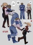  1boy 1girl ashley_graham belt belt_chain blonde_hair boots brown_hair denim gun handgun highres holding_hands holster jacket jeans leon_s._kennedy pants pantyhose ponytail resident_evil resident_evil_4 resident_evil_4_(remake) shoes shorts sneakers stardreamiie torn_clothes torn_jeans torn_pants torn_pantyhose track_jacket weapon 