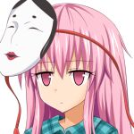  1girl closed_mouth commentary_request expressionless gin&#039;you_haru hata_no_kokoro long_hair looking_at_viewer mask mask_on_head noh_mask pink_eyes pink_hair portrait profile_picture simple_background solo touhou upper_body white_background 