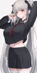  1girl azur_lane black_sailor_collar black_serafuku black_skirt breasts commentary formidable_(azur_lane) formidable_(the_lover&#039;s_heart_flutters_on_duty)_(azur_lane) grey_hair hair_ribbon highres large_breasts long_hair looking_at_viewer navel official_alternate_costume plump red_eyes ribbon sailor_collar school_uniform serafuku simple_background skirt stomach thighhighs very_long_hair white_thighhighs whitem_(whiteemperor2020) 