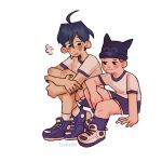  2boys :3 ahoge alternate_costume arm_on_knee artist_name bare_arms beanie between_fingers black_eyes black_hat black_nails blue_footwear blue_hair blue_shorts blue_socks brown_hair cigarette closed_mouth commentary crossed_legs danganronpa_(series) danganronpa_v3:_killing_harmony english_commentary eyelashes fake_horns fingernails full_body hair_between_eyes hand_on_ground hat holding holding_cigarette horned_headwear horns hoshi_ryoma hot hugging_own_legs kneehighs light_blush looking_ahead looking_at_another male_focus multiple_boys nail_polish open_mouth saihara_shuichi shirt shoes short_hair short_sleeves shorts sigh simple_background sitting smile sneakers socks sportswear sweat t-shirt toadollie white_background white_footwear white_shirt white_sleeves white_socks 