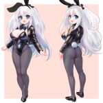  1girl animal_ears ass black_leotard blue_eyes bow bowtie breasts check_copyright copyright_request fake_animal_ears full_body highres jacket large_breasts leotard long_hair looking_at_viewer multiple_views open_clothes open_jacket open_mouth original pantyhose playboy_bunny rabbit smile tsukiyono_aroe white_hair 