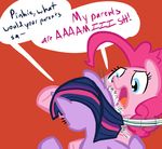  batman batman_(series) blue_eyes dialog duo equine female feral friendship_is_magic fur hair horse mammal multi-colored_hair my_little_pony open_mouth parody pink_fur pink_hair pinkie_pie_(mlp) plain_background pony purple_fur purple_hair tess text twilight_sparkle_(mlp) two_tone_hair 