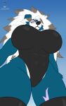 abs anthro big_breasts blue_body blue_fur breasts canid canine clothed clothing female fur generation_7_pokemon hair hi_res huge_breasts legwear long_hair lycanroc mammal midnight_lycanroc nintendo pokemon pokemon_(species) shiny_pokemon simple_background sirdoomwolf solo stockings thick_thighs white_body white_fur white_hair