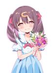  1girl bare_arms blush bouquet brown_eyes brown_hair commentary_request dress hair_between_eyes hair_ornament hair_ribbon hairclip highres holding holding_bouquet looking_at_viewer mochitsuki_kagami multicolored_hair onii-chan_wa_oshimai! outline oyama_mihari parted_lips pink_outline puffy_short_sleeves puffy_sleeves purple_hair red_ribbon ribbon short_sleeves simple_background solo tears twintails two-tone_hair white_background white_dress 