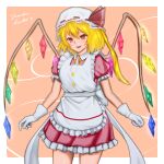  1girl absurdres alternate_costume apron back_bow blonde_hair bow brown_background character_name collared_shirt cowboy_shot crystal dress enmaided flandre_scarlet flandre_scarlet_(devilish_helper) frilled_apron frilled_dress frilled_sleeves frills glowing glowing_wings hat head_tilt highres large_bow looking_at_viewer maid maid_apron mattyakinako_(odango_imomushi) medium_hair mob_cap multicolored_wings neck_ribbon one_side_up open_mouth red_dress red_eyes ribbon ribbon-trimmed_headwear ribbon_trim shirt simple_background solo teeth touhou touhou_lostword white_apron white_bow white_hat wings yellow_ribbon 