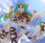  1boy 1girl ahoge angel angel_wings blue_eyes blue_sky breasts brown_hair chain clenched_hands diadem gold_chain green_eyes green_hair hug kid_icarus kid_icarus_uprising laurel_crown open_mouth palutena pit_(kid_icarus) single_thighhigh sky suno_(imydream) sweat thighhighs wings 