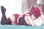  1girl absurdres aqua_eyes artist_name black_horns black_tank_top black_thighhighs bow breasts demon_girl demon_horns heterochromia highres holding holding_pillow hololive hololive_english horns irys_(hololive) lamp long_hair namiorii on_bed pillow pointy_ears purple_eyes red_hair red_shorts shorts solo tank_top thighhighs white_bow 